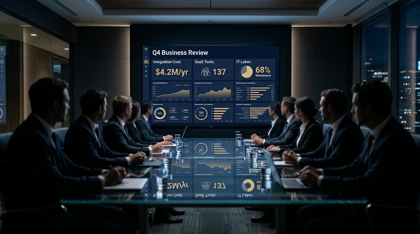 Enterprise CXO board reviewing SaaS integration cost KPIs